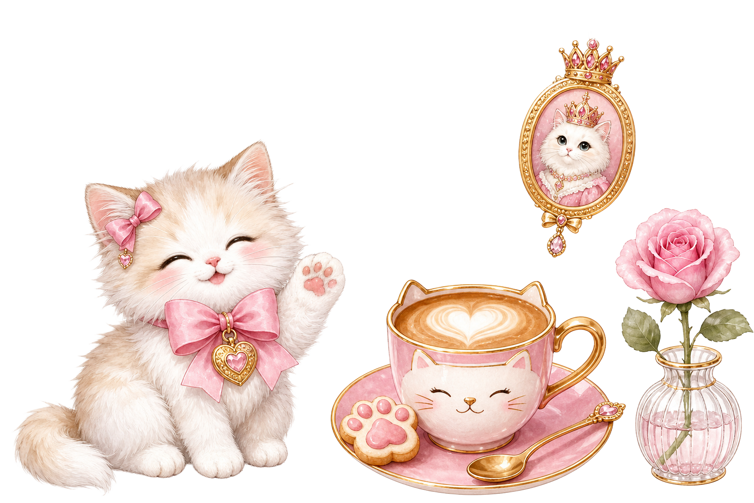A luxury white kitten with a pink bow and gold heart locket beside a gold-rimmed cat-face cup, framed by cherry blossoms, pink roses, and a hanging queen-cat locket